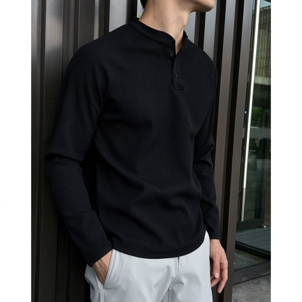 Waffle Knit Henley Long Sleeve