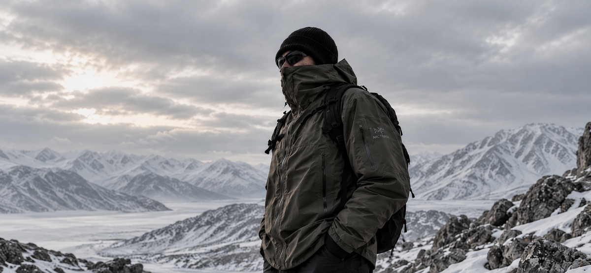 A hiker in an archive shell jacket on a snowy Mongolian ridge