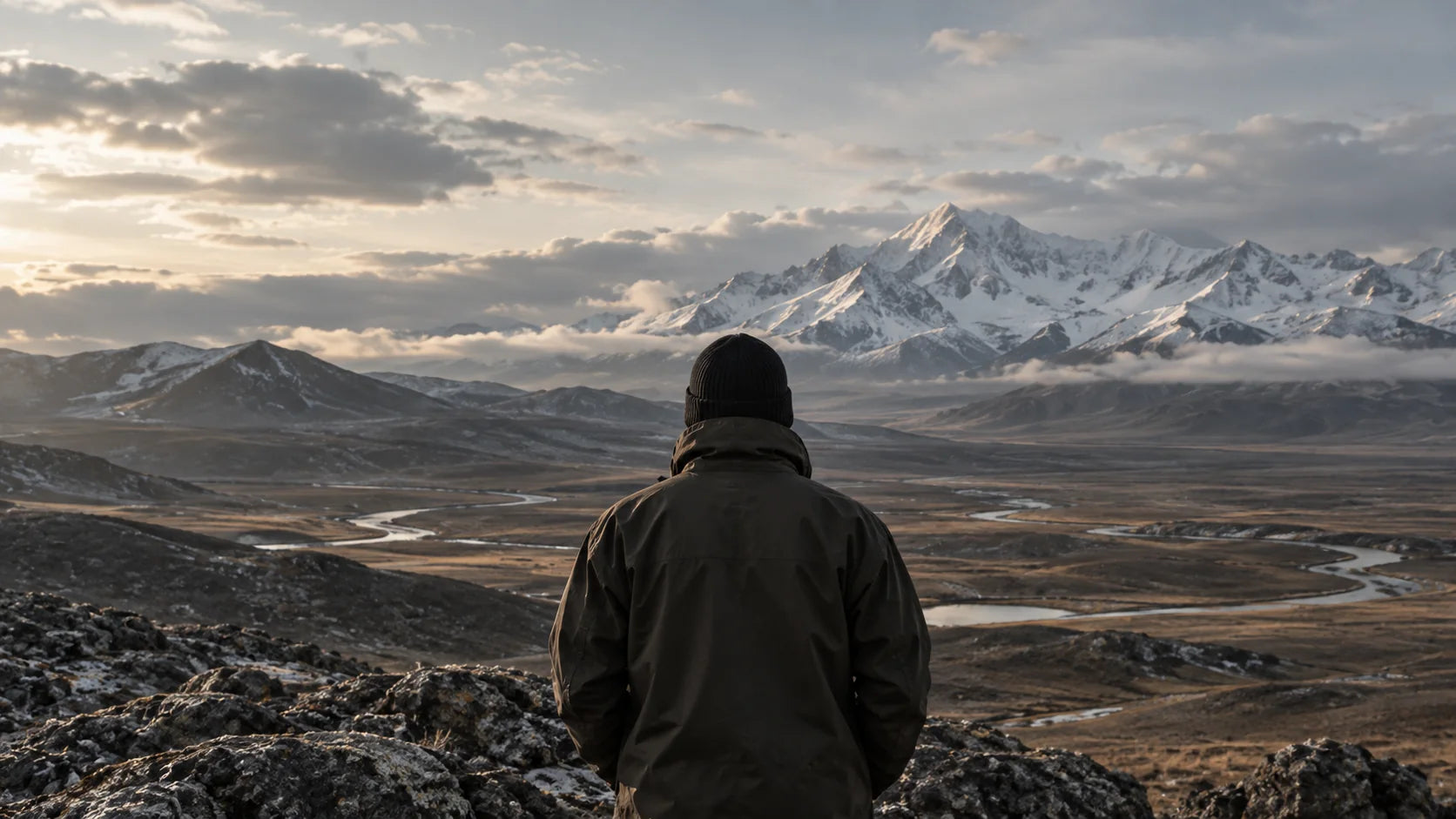 A figure overlooking a river valley below snow-capped peaks