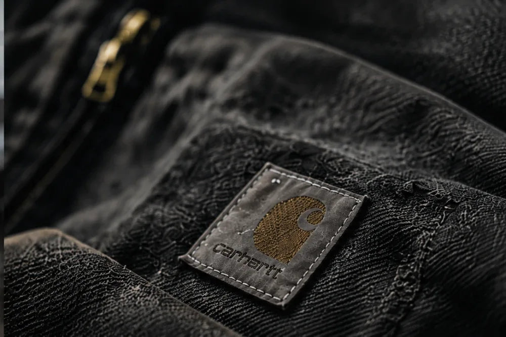 A woven label on worn canvas